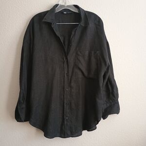 Zara Black Linen Button Up Shirt Oversized